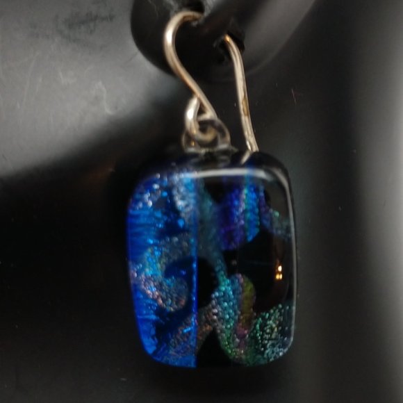 Hand Made Blue and Black Dangle Earrings With Dichroic Square Glass Beads - Picture 13 of 16